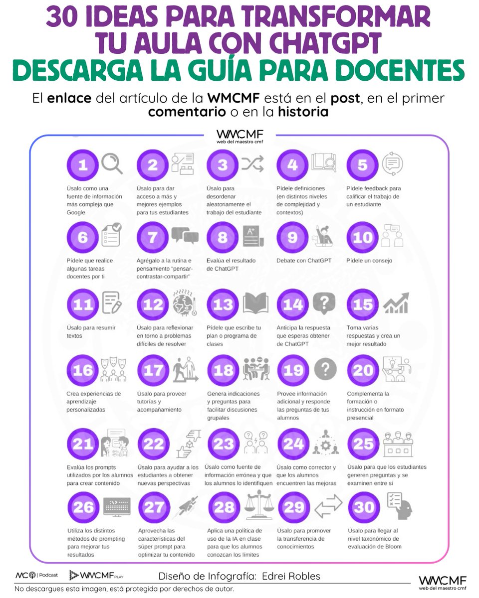 cmf_w's tweet photo. 30 ideas para transformar tu aula con ChatGPT. DESCARGA la guía docente. Enlace: https://t.co/YOCCoqRRuX

👉 Esta imagen está protegida y no puede descargarse ni publicarse en otros perfiles. 📌✨ Para difundirla, usa el botón de compartir y así respetamos su difusión original. ¡Gracias por tu apoyo! 💙😊👈 

🔹🔹🔹

📌 1. TE INVITAMOS A SEGUIR A: Jorge Mauricio
🌐 Facebook: https://t.co/MdGF3K5eWp
🌐 LinkedIn: https://t.co/mR6jaOtDah

📌 2. SÍGUENOS EN NUESTROS GRUPOS SOCIALES
📘 Facebook Web del Maestro CMF: https://t.co/tgHmQLlWvm
📘 Facebook WMCMF Play: https://t.co/Q0ezeI8zVy
📘 Facebook Maestros de Corazón Podcast Educativos: https://t.co/vHBKIdOupJ
💼 Grupo de profesionales en LinkedIn: https://t.co/5hLQXKszHg

📌 3. ÚNETE A NUESTROS CANALES
📢 Facebook (Canal ilimitado): https://t.co/fUTZCCQTmb
📢 WhatsApp (Canal oficial): https://t.co/gL0JARokwI
📢 Telegram (Cupo ilimitado): https://t.co/nqblXTp2FI

📌 4. SÍGUENOS EN NUESTRAS REDES SOCIALES
📘 Facebook Web del Maestro CMF: https://t.co/TrSQA58HfM
📘 Facebook Maestros de Corazón Podcast Educativos: https://t.co/bq7m9No2kx
📘 Facebook WMCMF Play: https://t.co/iC67su7YVg
🐦 Twitter: https://t.co/fXs8DmvuRH
💼 LinkedIn: https://t.co/81WOqo1RG3
📸 Instagram: https://t.co/0SN3ZGH3Go
🌀 Threads: https://t.co/Muj12nwjLy
🎵 TikTok: https://t.co/rW1cPzhUko 
?? LinkedIn: https://t.co/mR6jaOtDah

📌 5. TE INVITAMOS A SEGUIR A: Jorge Mauricio
🌐 Facebook: https://t.co/MdGF3K5eWp
🌐 LinkedIn: https://t.co/mR6jaOtDah