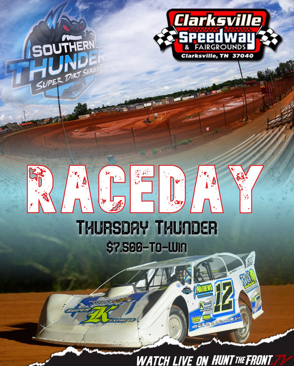 Southern Thunder Super Dirt Series (@sothundersds) on Twitter photo Itโs ๐ฅ๐๐๐๐๐๐ฌ from Clarksville Speedway! ๐ค
The <a href="/SoThunderSDS/">Southern Thunder Super Dirt Series</a> rumbles into Clarksville Speedway tonight for the $7,500-to-win โThursday Thunder!โ
โฐ Hot Laps: 6PM(CT)
๐๏ธ Grandstands: $30 | Pits: $50
๐บ huntthefront.tv Itโs ๐ฅ๐๐๐๐๐๐ฌ from Clarksville Speedway! ๐ค
The <a href="/SoThunderSDS/">Southern Thunder Super Dirt Series</a> rumbles into Clarksville Speedway tonight for the $7,500-to-win โThursday Thunder!โ
โฐ Hot Laps: 6PM(CT)
๐๏ธ Grandstands: $30 | Pits: $50
๐บ huntthefront.tv