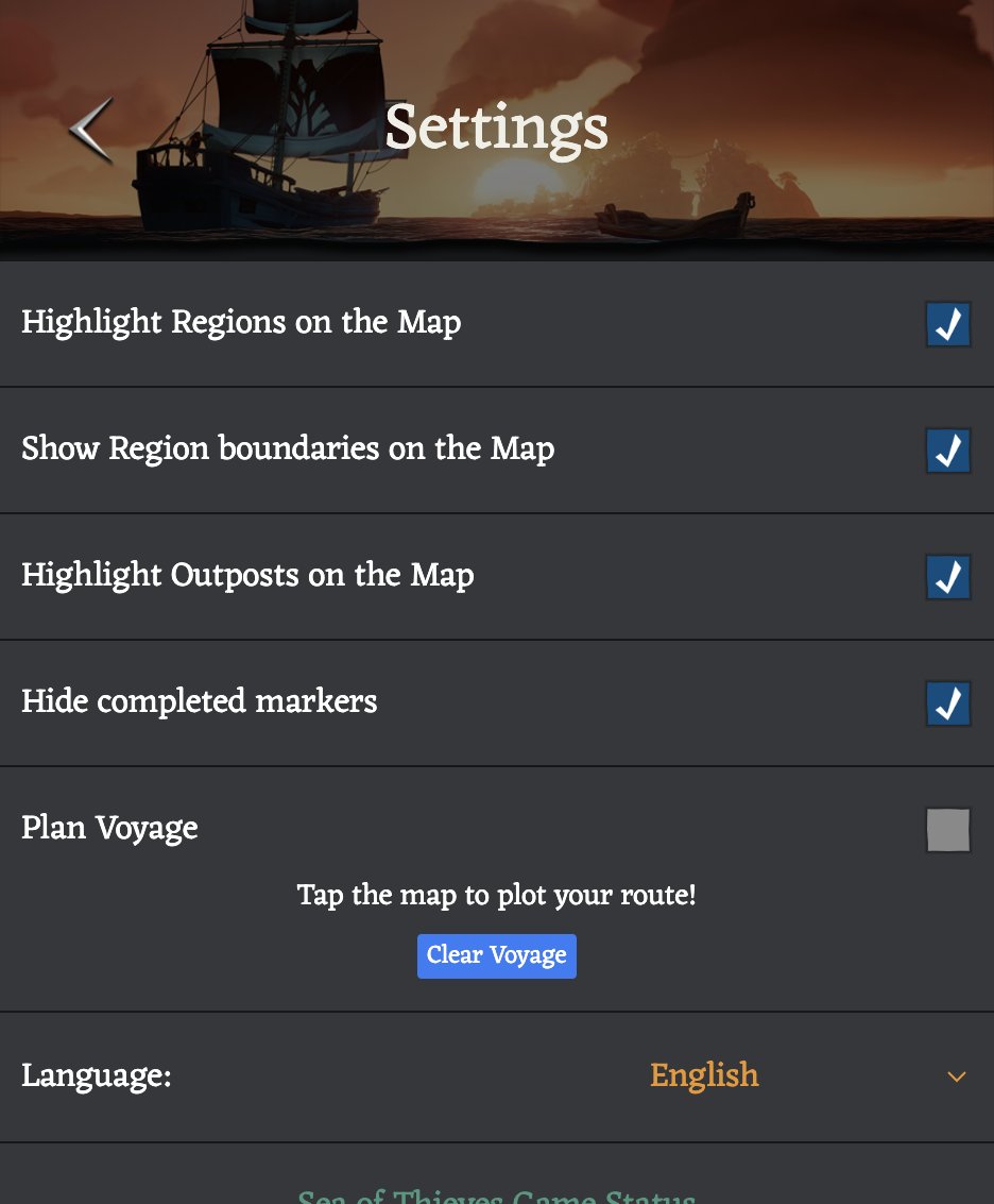 We've recently added a few long-requested features to your handy interactive map! Just open the Settings Wheel to toggle region boundaries, highlight Outposts, and hide any markers you've labeled as complete. Happy sailing, pirates!

#SeaOfThieves maps.seaofthieves.rarethief.com