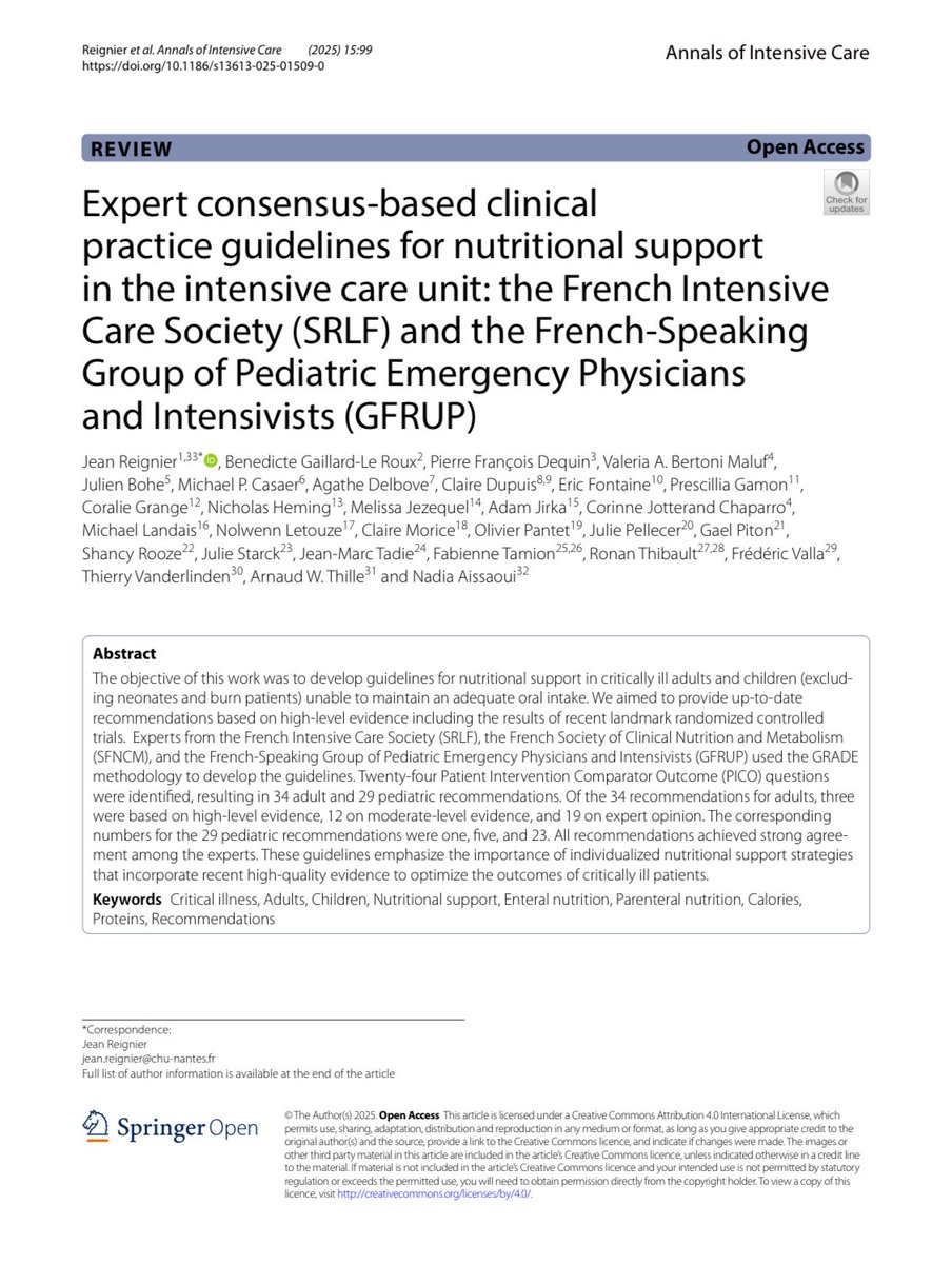 Guía 2025 de Nutrición en Pacientes Críticos, con la mejor y más reciente evidencia y cambios importantes respecto a las (obsoletas) guías #ESPEN y #ASPEN, chequen:

✔️6 a 8 kcal/kg/día (por favor ya no pongan 20-25 ❌)

✔️ 0.2 a 0.8 g de Proteína/kg/día (por favor no pongan 1,