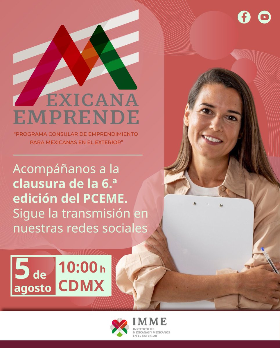 ¡CLAUSURA! 🎓
La 6ta edición del Programa Consular de Emprendimiento para Mexicanas en el Exterior #PCEME 👱‍♀️👩‍🦰 concluye este 🗓️5 de agosto. Sigue la transmisión en vivo desde nuestras redes sociales. ¡Comenzamos a las ⏰10:00 horas CDMX!  #TuIdeaDeNegocio #HazRealidadTuSueño
