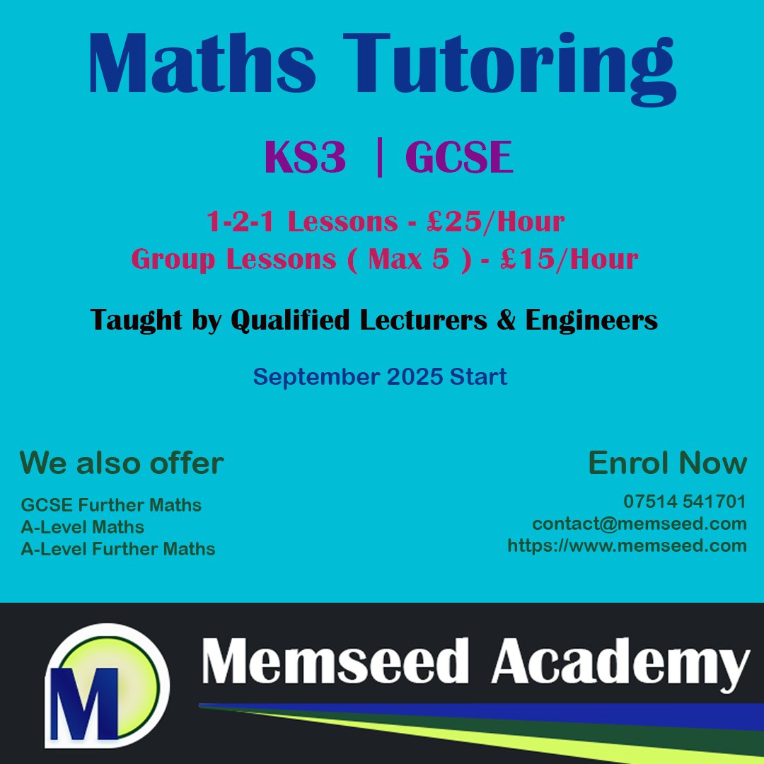 memseed_academy's tweet image. KS3 | GCSE - Maths Tutoring
Taught by Qualified Lecturers &amp;amp; Engineers

1-2-1 Lessons - £25/Hour
Group Lessons – (Max 5 Students) - £15/Hour

07514 541701
contact@memseed.com

memseed.com/en/academy/mat…
Please like and share.
