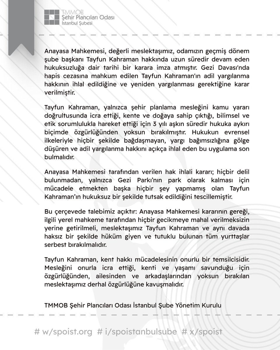 Hukuksuz, Delilsiz Bir Şekilde Hapsedilen Tayfun Kahraman Özgürlüğüne Kavuşmalıdır!

Anayasa Mahkemesi kararı, mesleki sorumluluğumuzun ve kent hakkı savunuculuğunun hukuki teyididir!