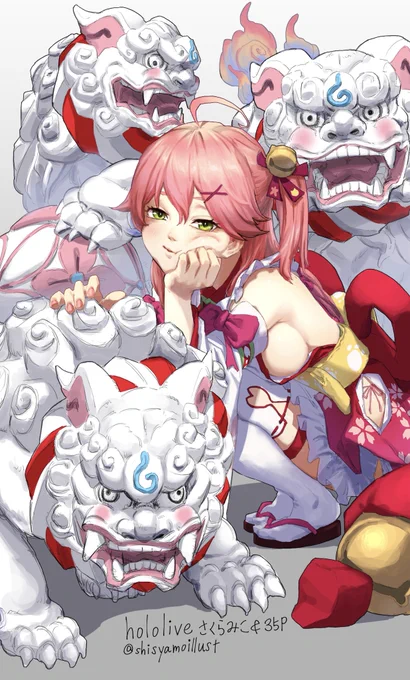 おめでとうございます さくらみこ&amp;狛犬と化した35P #さくらみこ7周年 #miko_Art