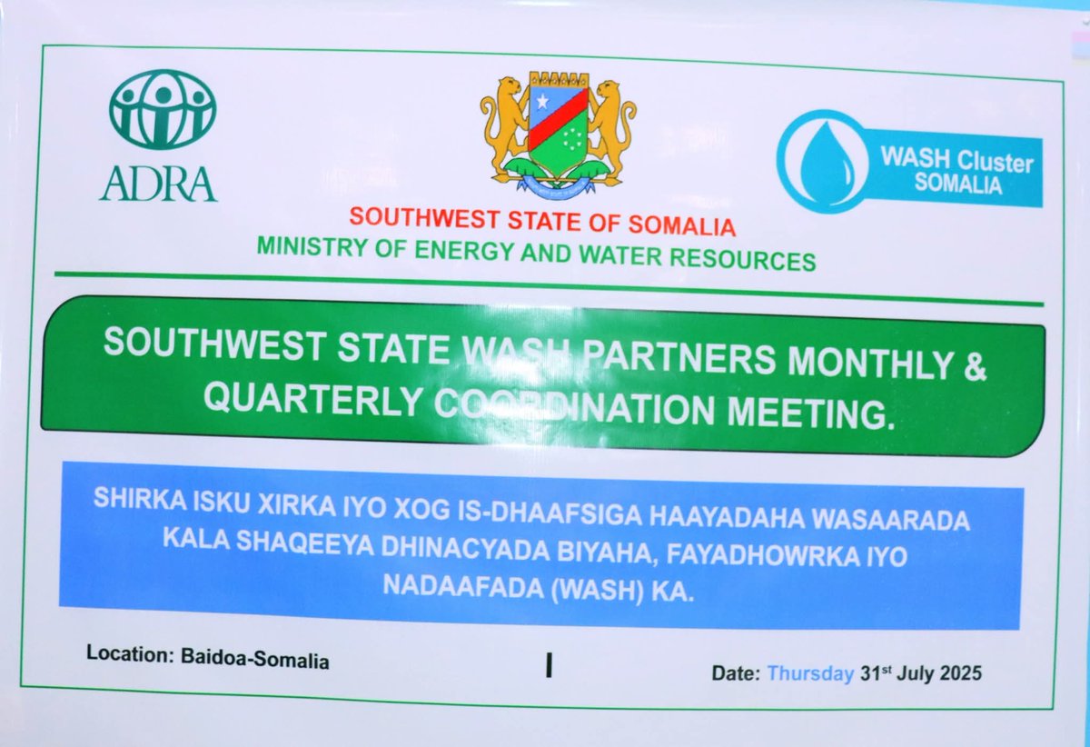Sasdosom's tweet image. Today, SASDO was honored to join the Southwest State WASH Partners’ Monthly &amp;amp; Quarterly Coordination Meeting at Horyaal Hotel, Baidoa.

Together, we work to improve access to clean water, sanitation &amp;amp; hygiene. 💧🤝

#SASDO #WASH #Baidoa #Coordination #HumanitarianResponse
