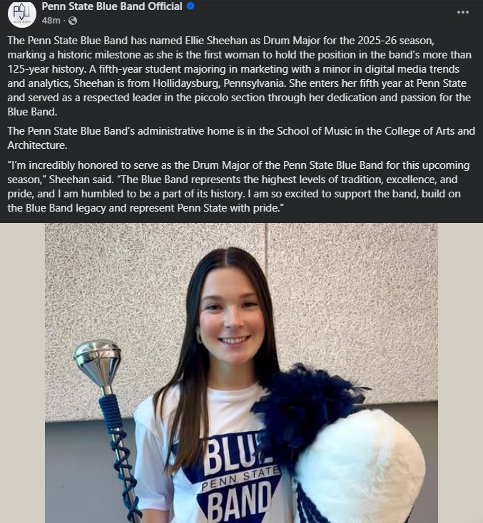 SickosCommittee's tweet photo. Congrats to Ellie Sheehan on becoming the first woman to be named drum major of the Penn State Blue Band! https://t.co/MEt9zvZpHs