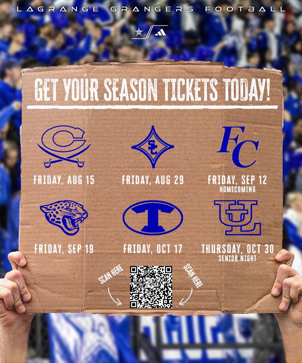 𝐒𝐞𝐚𝐬𝐨𝐧 𝐓𝐢𝐜𝐤𝐞𝐭𝐬 𝐎𝐧 𝐒𝐚𝐥𝐞 🎟️

Granger Nation, season ticket sales are live! Use the QR code to access the GoFan link and purchase yours today! This includes all home games AND the Corky Kell opener. Go Grangers!! 

#ᴄᴜLᴛᴜʀᴇ | #FᴏᴏᴛʙᴀʟʟⵊsBᴀᴄᴋ