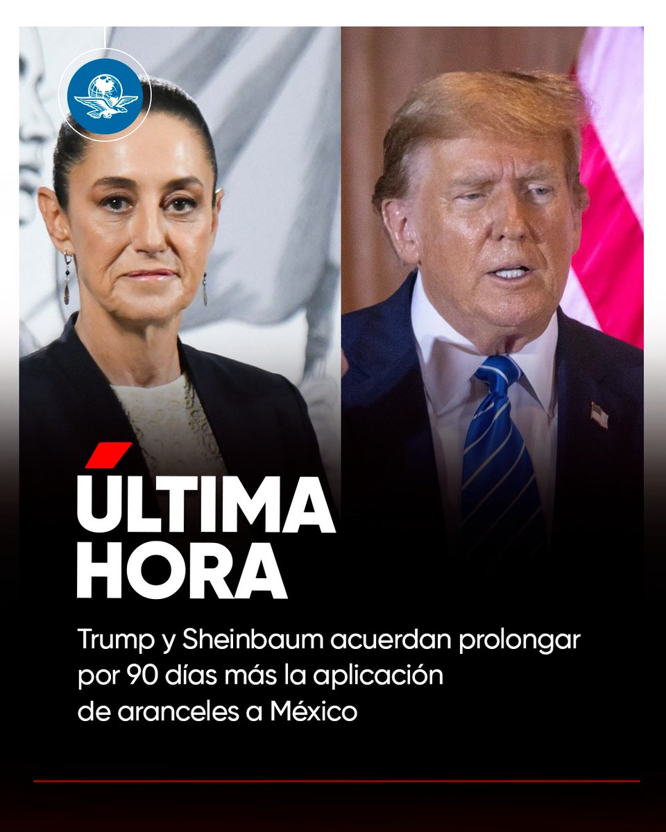 🚨 #ÚLTIMAHORA | Trump y Sheinbaum extienden por 90 días acuerdo de aranceles entre México y EU

🔴El presidente de Estados Unidos sostuvo una llamada telefónica con la mandataria mexicana para hablar sobre el acuerdo comercial entre ambos países.

👉México continuará pagando un