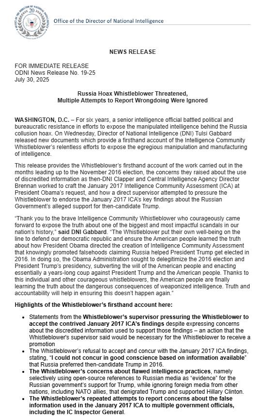DNIGabbard's tweet image. NEW: Whistleblower reveals how they were threatened by a supervisor to go along with the Obama-directed Russia hoax “intelligence” assessment, even though they knew it was not credible or accurate. The Whistleblower refused. 

Yesterday we released the Whistleblower's firsthand…