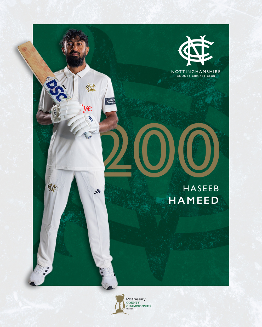 That's a magnificent knock from the skipper!

Haseeb Hameed hits a double-century as Notts surpass the 400 mark.

#NOTvSOM | 📺 live.trentbridge.co.uk
