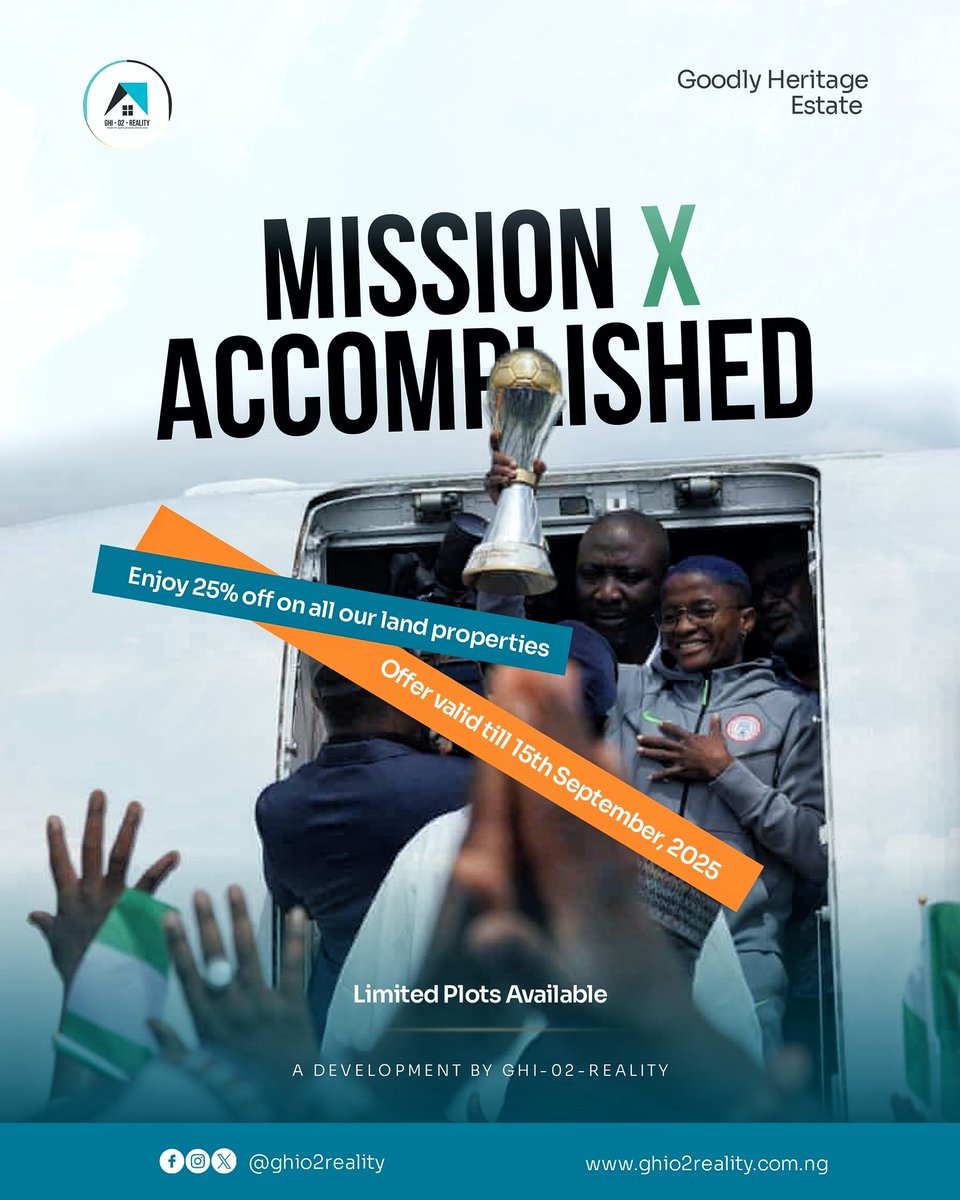 Monday Oladeji (@oladejimonday) on Twitter photo Mission X Accomplished.
Enjoy 25% Discount on all land properties <a href="/ghio2reality/">ghio2reality</a>.
Buy Today, Own Tomorrow.
#missionx
#RealEstate Mission X Accomplished.
Enjoy 25% Discount on all land properties <a href="/ghio2reality/">ghio2reality</a>.
Buy Today, Own Tomorrow.
#missionx
#RealEstate