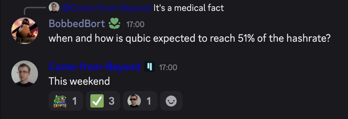 $QUBIC We are about to have the best weekend of our life! <a href="/c___f___b/">Come-from-Beyond</a> The boss confirms the 51% $XMR takeover this weekend! Grab some popcorn and watch the Beast being unleashed live! Just surrender you have no choice $XMR - $KAS watch us scamming 51% mining power! You might be