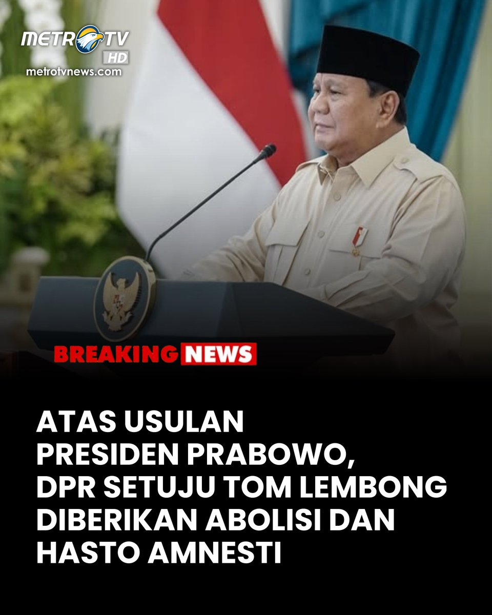 Presiden Prabowo Subianto bakal menerbitkan keputusan presiden (keppres) terkait pengampunan terhadap narapidana mantan Menteri Perdagangan, Thomas Trikasih Lembong (Tom Lembong) dan Sekjen PDI Perjuangan Hasto Kristiyanto. Pengampunan hukuman keduanya telah disetujui DPR. Tom