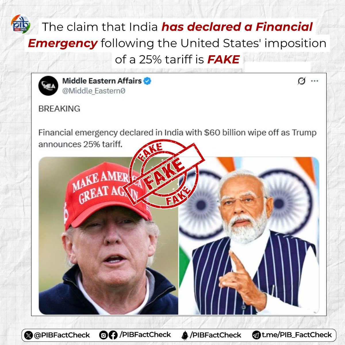 A Pakistani propaganda account is claiming that a financial emergency has been declared in India following a $60 billion market wipeout due to a 25% tariff announced by Donald Trump.

#PIBFactCheck

❌This claim is #Fake

✅ No financial emergency has been declared in India