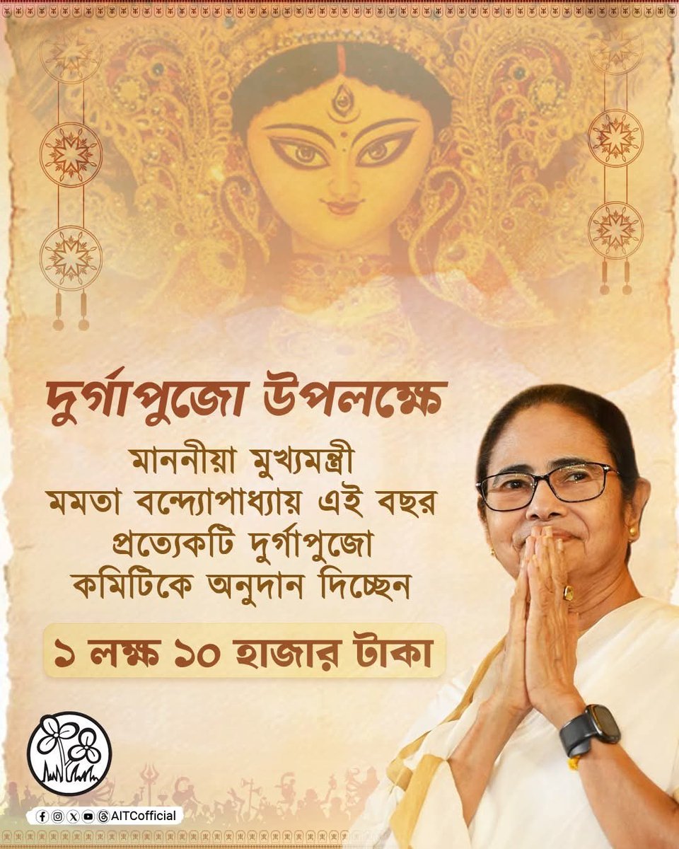 Maidul Shaik (@maidulaitc) on Twitter photo Today, Hon’ble CM <a href="/MamataOfficial/">Mamata Banerjee</a> announced that Durga Pujo clubs across Bengal will receive ₹1.10 lakh in financial assistance this year. Today, Hon’ble CM <a href="/MamataOfficial/">Mamata Banerjee</a> announced that Durga Pujo clubs across Bengal will receive ₹1.10 lakh in financial assistance this year.