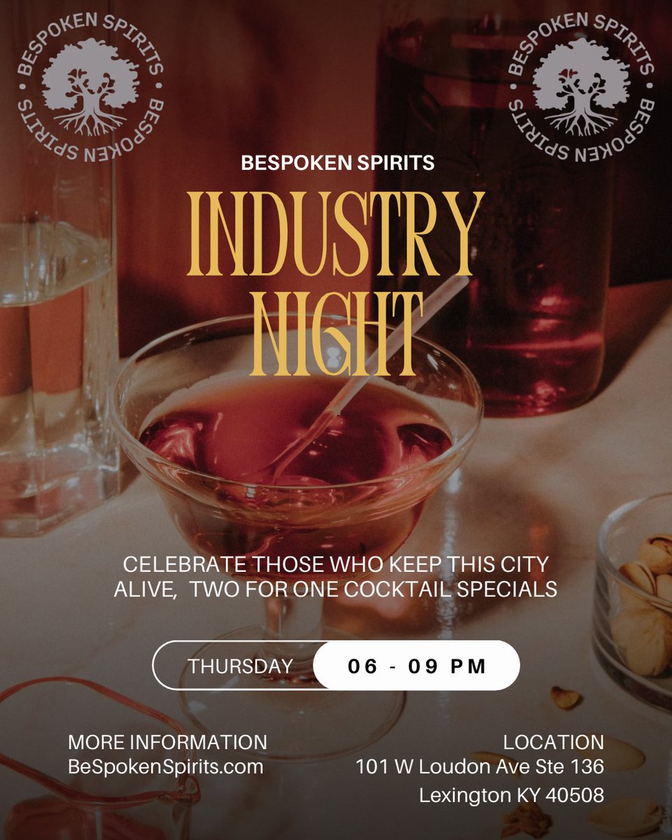 Come down to <a href="/bespokenspirits/">bespokenspirits</a> for Industry Night every Thursday🎉

2 for 1 Cocktail specials from 6-9p.m. 
Mix &amp; Match or get two different drinks to spice up your night🔥