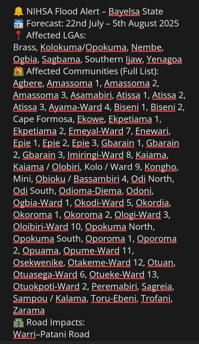 nihsa_ng (@nihsa_ng) on Twitter photo NiHSA Flood Alert!!!
Bayelsa State
Citizens are advised to stay alert!!
<a href="/BayelsaStateGov/">Bayelsa State Govt</a> NiHSA Flood Alert!!!
Bayelsa State
Citizens are advised to stay alert!!
<a href="/BayelsaStateGov/">Bayelsa State Govt</a>
