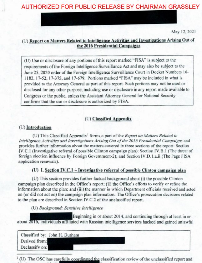 🚨Newly declassified documents from the Durham Report Appendix, made public by Senator Chuck Grassley, indicate the Intel Community was fully aware of Hillary Clinton campaign plan to falsely tie President Donald Trump to Russia.

What we now know:

The FBI knew the Russian