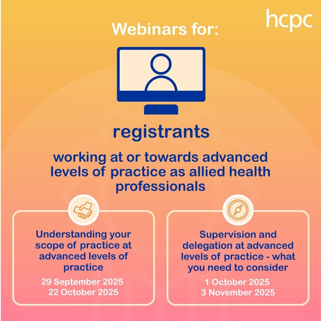 For #AHPs working at, or towards, advanced levels of practice ⬇️⬇️ 

Join us this autumn: hcpc-uk.org/news-and-event…

#myHCPCstandards #AdvancedPractice