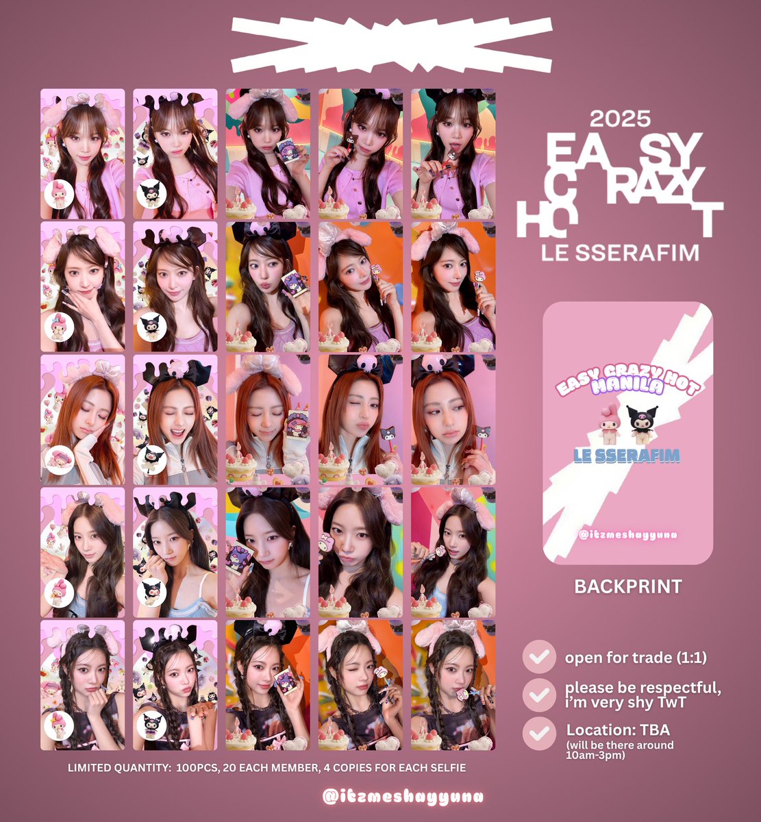 itzmeshayyuna's tweet photo. EASY CRAZY HOT IN MANILA FREEBIES ♡ ─«
 ⤷ location: tba (will arrive earlier or around 10am until 3pm) 
— open for trade 1:1 (limited slot) just dm me 

⟡ likes &amp; retweets are appreciated 
— sse you there, filonots! 
#EASY_CRAZY_HOT_IN_MANILA #LE_SSERAFIM https://t.co/ilXsFRmz6e