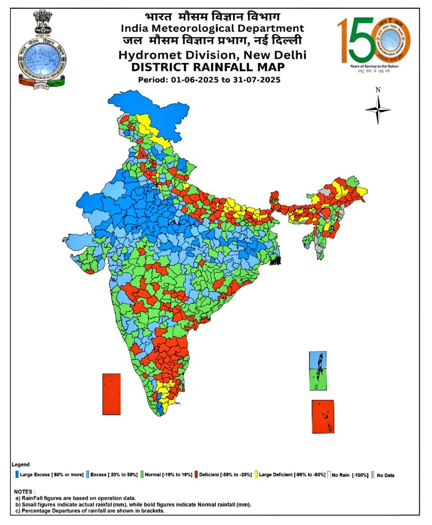 Hosalikar_KS's tweet image. 31 July, As the #SWMonsoon is halfway; all India rainfall status at state level, Subdivision level &amp;amp; District level shared here. Pl zoom into see the details. 
All India rainfall +6% Departure today. 
IMD has issued RF forecast for August month &amp;amp; for the August+September months.