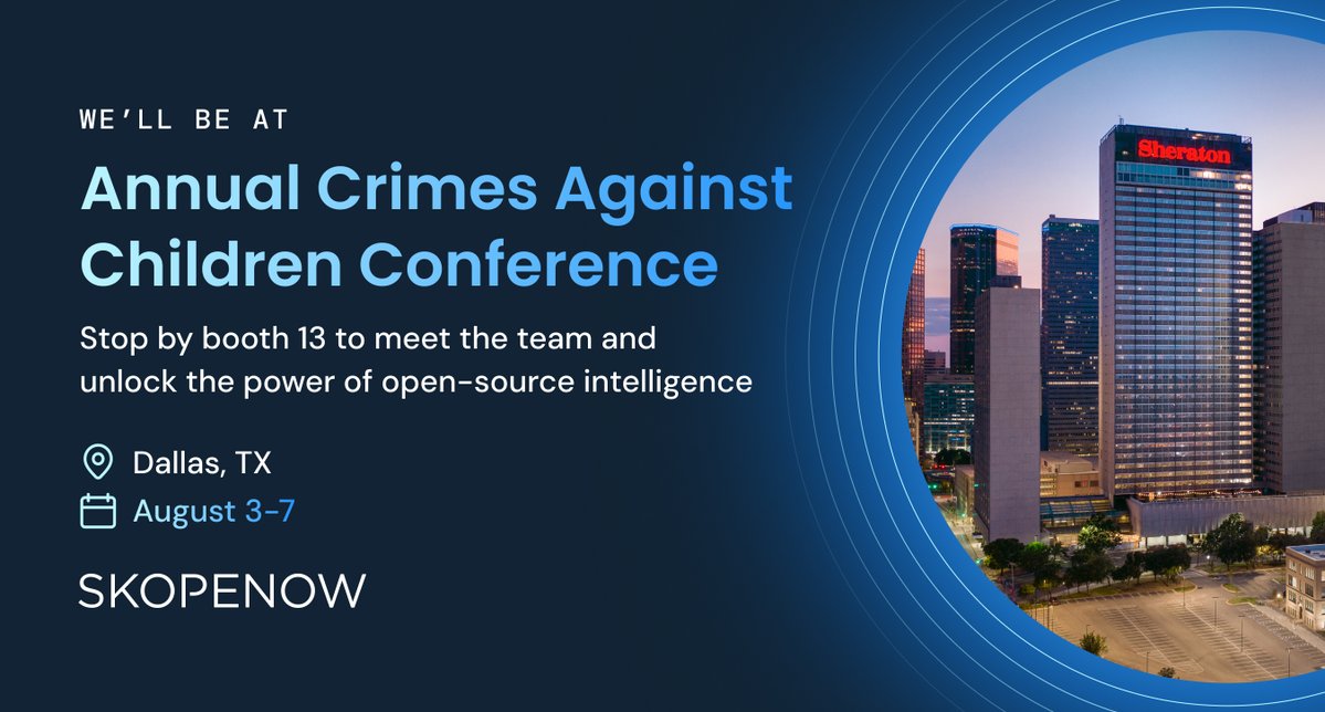 Are you attending the Crimes Against Children conference in Dallas next week? The <a href="/Skopenow/">Skopenow</a> team will be at booth 13 from August 3–7 at the Sheraton Dallas Hotel. Stop by to see how our #OSINT solutions help combat child exploitation and abuse by delivering investigation support