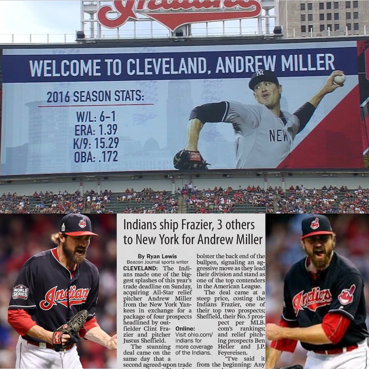 July 31, 2016: Epic Trade⚾️

Indians make one of most significant trades in franchise history

RP Andrew Miller acquired from Yankees

2016 CLE:
• Reg Season: 4-0, 1.55 ERA
• Postseason: 2-0, 1.40 ERA

ALCS MVP + MLB record 15 scoreless IP in playoffs

#WeWereSoDamnClose