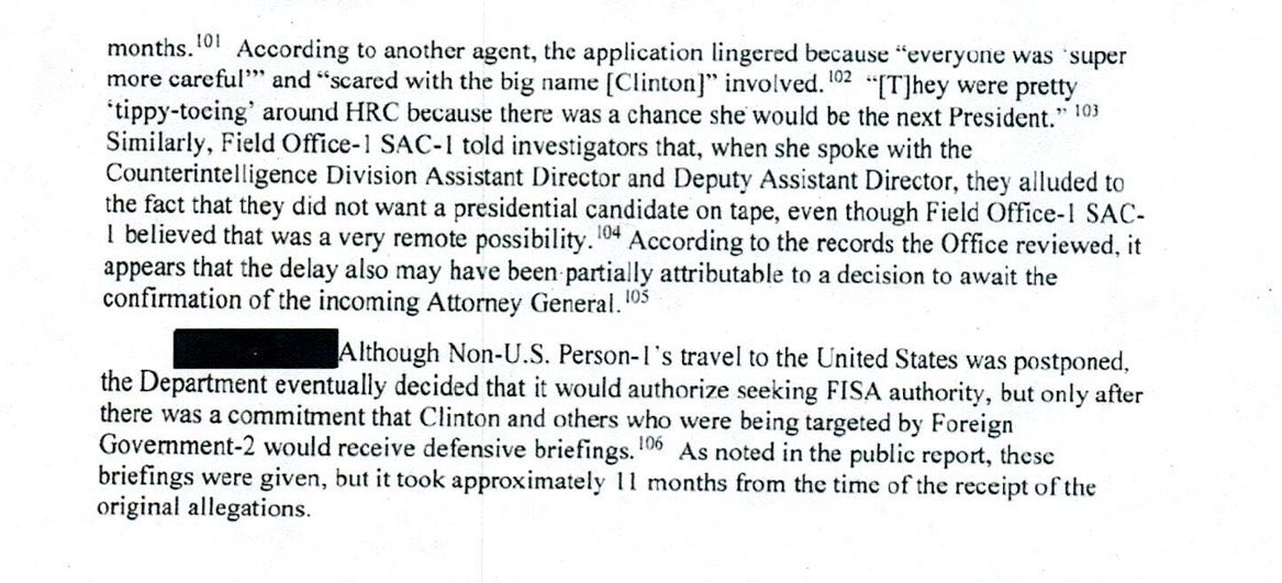 So FISA court would not approve ease dropping on Hillary Campaign because they feared it would implicate her. 
They had no problem allowing the FBI to do this to Trump campaign though and they uncovered absolutely nothing.