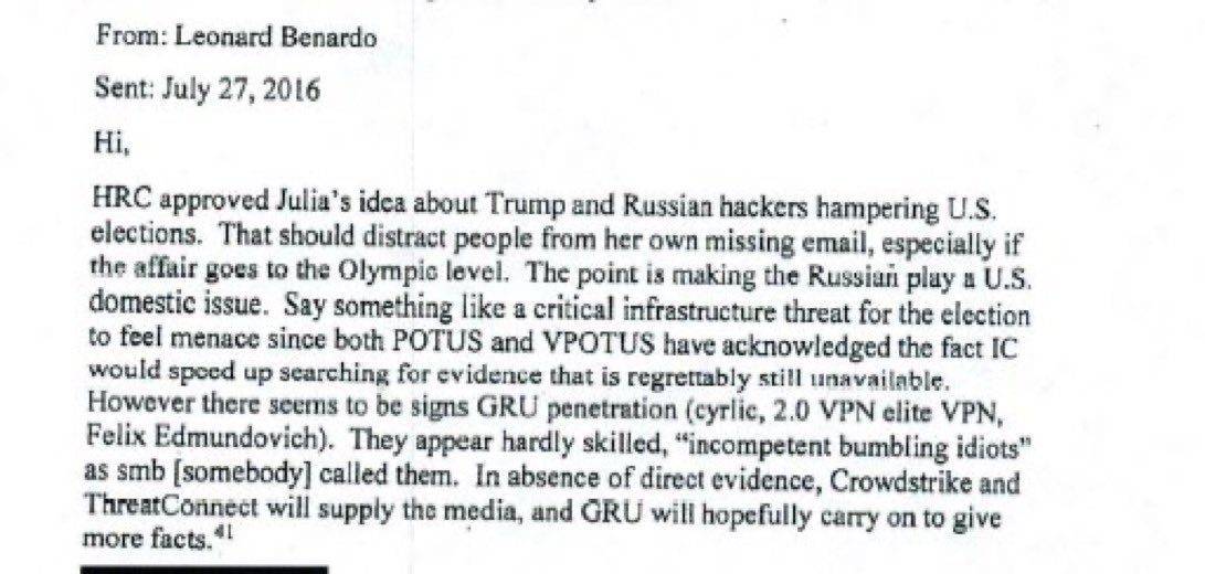 🚨 The EMAIL that EXPOSES the extent of Hillary Clinton’s corruption. 

Hillary Clinton fabricated the Russian hacking narrative to justify the FBI spying on Donald Trump’s campaign. 

ARREST HILLARY!!