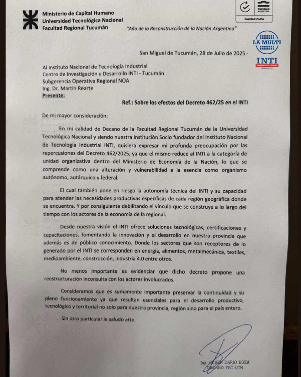 lamulti_inti's tweet photo. 🖋️NOTA DE APOYO AL #INTI - #UTN Facultad Regional #Tucumán
Agradecemos la nota de apoyo del Decano de la UTN Tucumán @rubenegea_ok para el INTI.
#ELINTINOSETOCA #ENINTINOSOBRANADIE #AsambleaMultisectorial https://t.co/i6df0IVdYJ