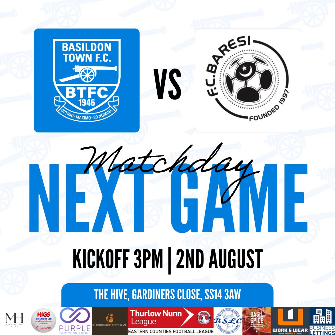 BASILDON TOWN 1ST TEAM GAME
📆 Saturday 2nd August
⏰15:00 o'clock kick off 
📍HOME: The Hive, Gardeners lane, SS14 3AW
⚽️ - <a href="/Fc_Baresi/">Fc Baresi</a>
