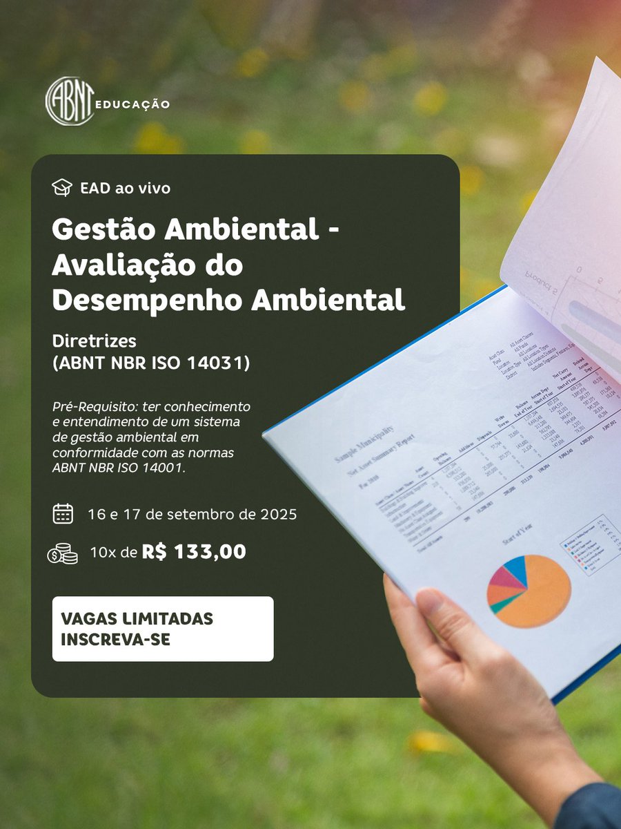 📅15 e 16 de setembro de 2025
⏰ das 8h30 às 17h30
📚 Carga horária: 16 horas
💳 Investimento: 10x de R$ 133,00 sem juros
✅ Acesse wa.me/551130173638

#ABNT #gestãoambiental #gestão #meioambiente #ABNTEducação #normasABNT