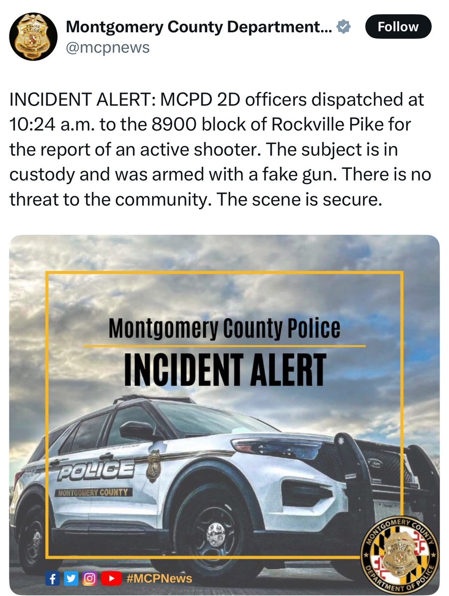 Kagan_M_Dunlap's tweet photo. There were reports of an active shooter situation at Walter Reed Medical Center, however the suspect was arrested by the Montgomery County Police Department. According to the Montgomery County Police Department, the active shooter was armed with a fake gun, and there is no threat to the community and the scene is secure.