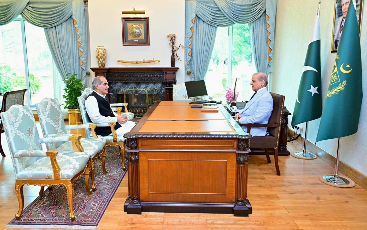 Former Federal Minister Khawaja Saad Rafiq calls on Prime Minister Muhammad Shehbaz Sharif in Islamabad. 31 July 2025.