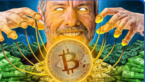 迈克尔·塞勒被比特币和现金包围，眼睛发光，双手如木偶大师般操控线索