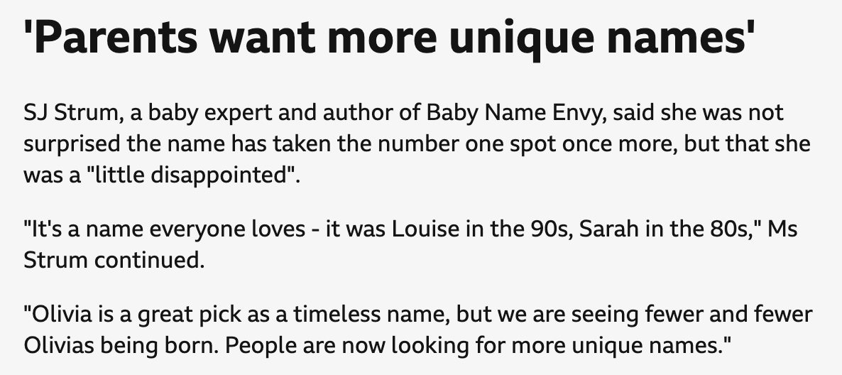 Dear <a href="/StrumSj/">SJ Strum_BabyNames</a>, either something is unique or it isn’t. It can’t be 'more unique'. Try the word ‘unusual’ next time.
bbc.co.uk/news/articles/…