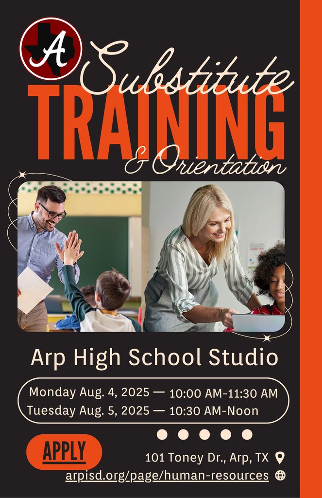 WANT TO SUB FOR US IN 2025-26? Come to one of the following substitute teacher training &amp; orientation sessions at Arp High School's technology studio..
Monday Aug. 4, 10:00am-11:30am.
Tuesday Aug. 5, 10:30am-noon.
Apply: bit.ly/3Oc64n3
More info: 5il.co/2smph