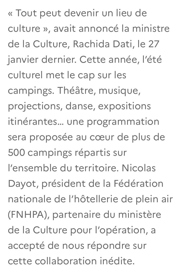 Été culturel 2025 : quand la culture <a href="/MinistereCC/">Ministère de la Culture 🇫🇷</a> 🎭 s’invite au cœur des campings ! 🏕️ La <a href="/FNHPA_Officiel/">FNHPA_Officiel</a> s’est engagée aux côtés du Ministère de la Culture pour faire du camping un lieu de découverte artistique pour tous #ÉtéCulturel #CulturePourTous <a href="/datirachida/">Rachida Dati ن</a> <a href="/n_delattre/">Nathalie Delattre</a>