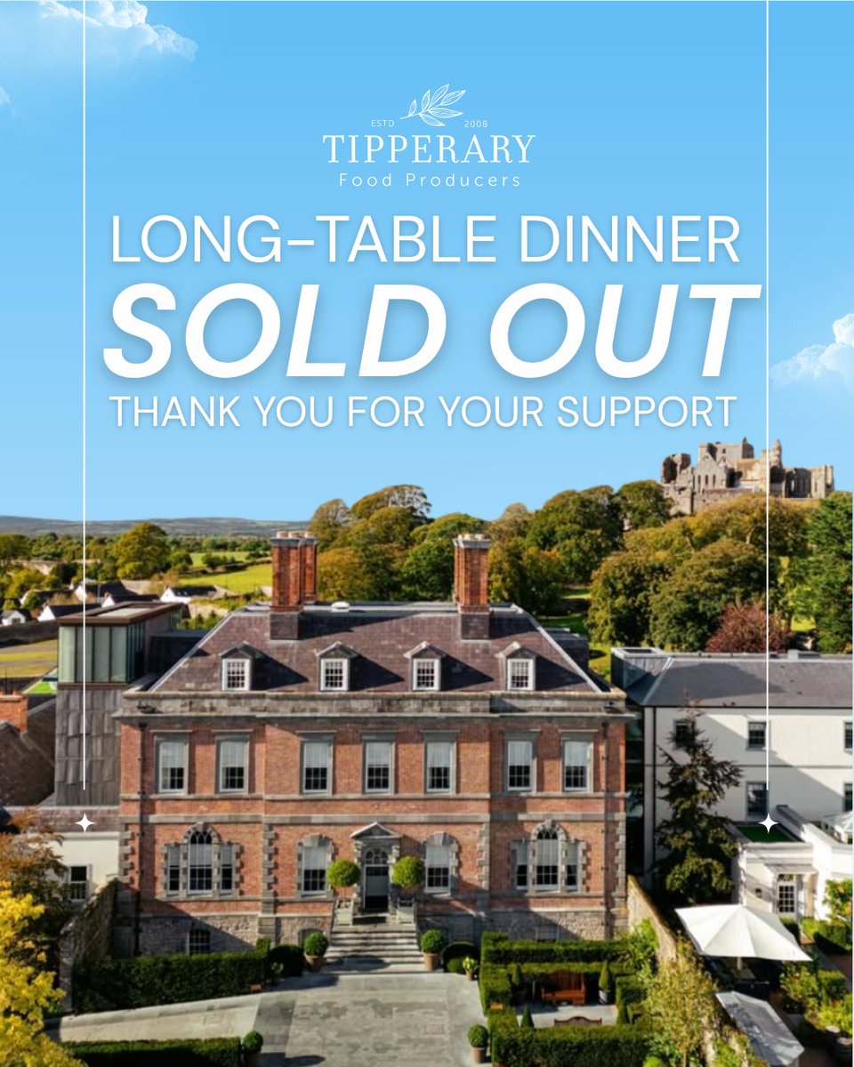 Sold Out! 🥂

Thank you to everyone who has bought tickets to our long-table dinner at <a href="/CashelPalace/">Cashel Palace Hotel</a>!

Remember there's still a chance to win 2 tickets to dine with us! Simply RT out competition post to enter!
#tipperaryfood #cashelpalace #longtabledinner