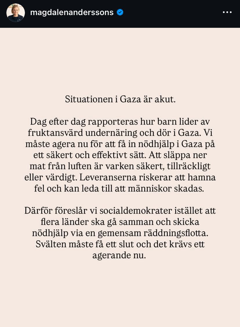 🇵🇸🇸🇪The Swedish Social democrats propose a fleet carrying humanitarian aid to Gaza, trying to break the Israeli blockade that is starving 2 million Palestinians.

“Israel could refuse two small boats, but it will be harder if multiple countries are behind a whole fleet” a MP says