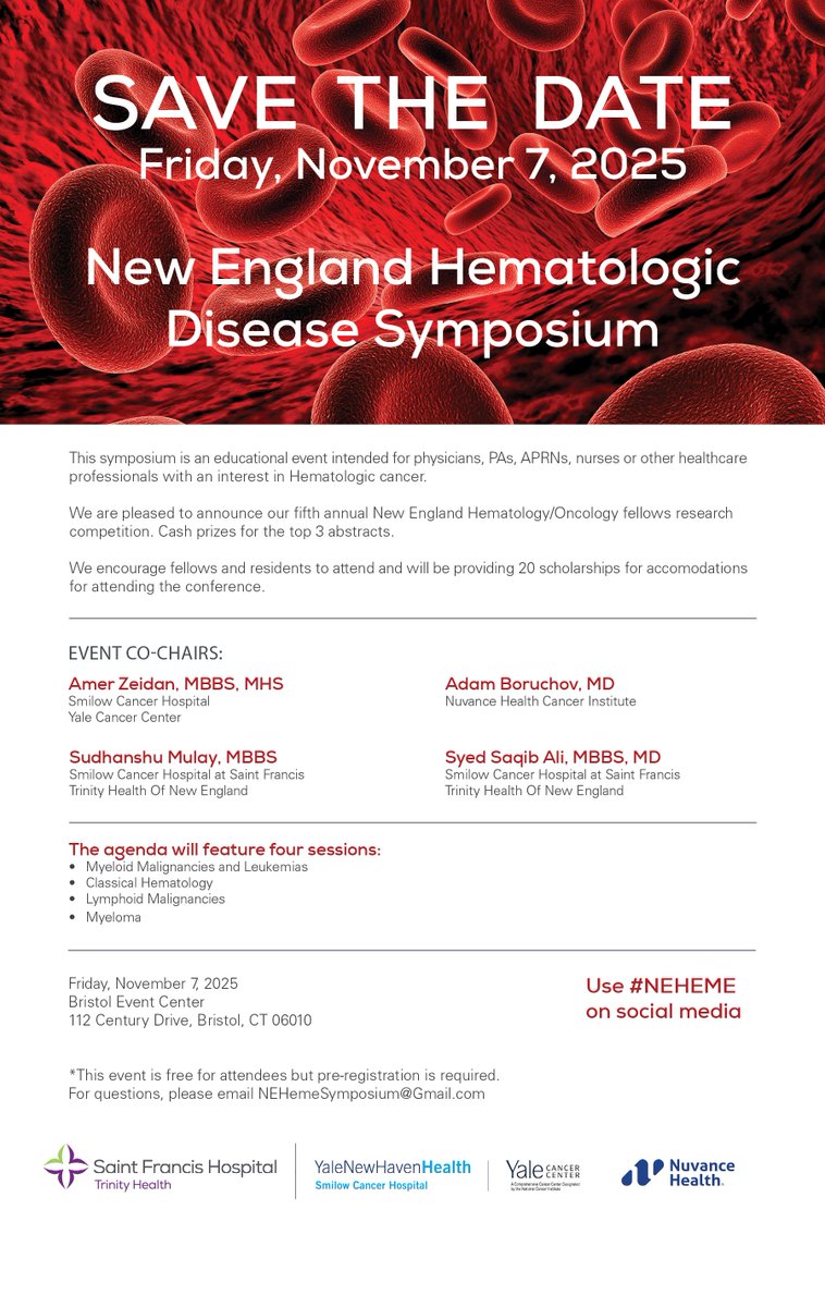 Mark your calendars for #NEHEME #NEHEME25 meeting (A collaboration between main health systems in CT) in Bristol, CT on November 7, 2025. Outstanding faculty covering all new advances in 2025 in one day. Travel awards/abstract submissions for fellows &amp; trainees. Details below