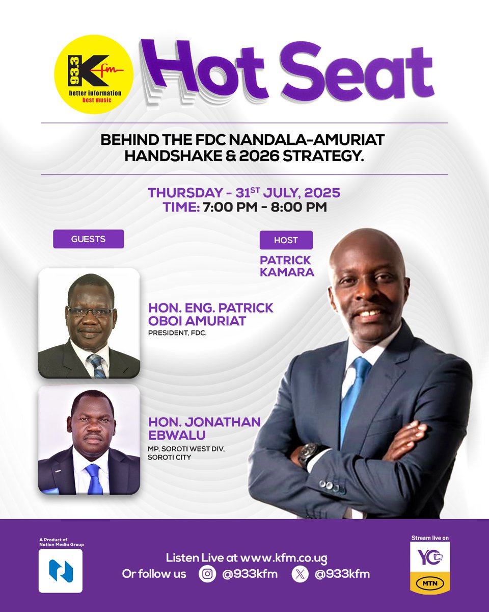 933 KFM (@933kfm) on Twitter photo Tonight on #kfmhotseat with Kamara Patrick .
Guests ; <a href="/PatrickAmuriat/">Patrick Oboi Amuriat</a> President <a href="/FDCOfficial1/">FDC</a>
<a href="/JonathanEbwalu/">Jonathan Ebwalu</a> MP <a href="/Parliament_Ug/">Parliament of Uganda</a> , <a href="/nandalamafabi1/">Nathan -Nandala Mafabi</a>
Listen live ; kfm.co.ug/?utm_medium=so… Tonight on #kfmhotseat with Kamara Patrick .
Guests ; <a href="/PatrickAmuriat/">Patrick Oboi Amuriat</a> President <a href="/FDCOfficial1/">FDC</a>
<a href="/JonathanEbwalu/">Jonathan Ebwalu</a> MP <a href="/Parliament_Ug/">Parliament of Uganda</a> , <a href="/nandalamafabi1/">Nathan -Nandala Mafabi</a>
Listen live ; kfm.co.ug/?utm_medium=so…