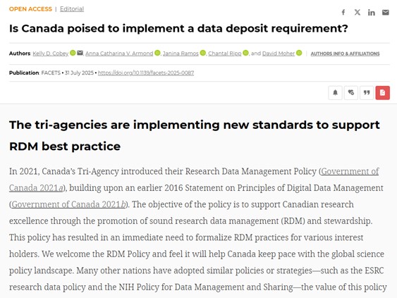 New 📰 by Kelly Cobey et al: Is Canada poised to implement a data deposit requirement? ℹ️ ow.ly/8Wg650WxZ1G 

This paper offers recommendations to address gaps that will help ensure appropriate &amp; successful implementation of the Tri-Agency data deposit requirement. @UOttawa