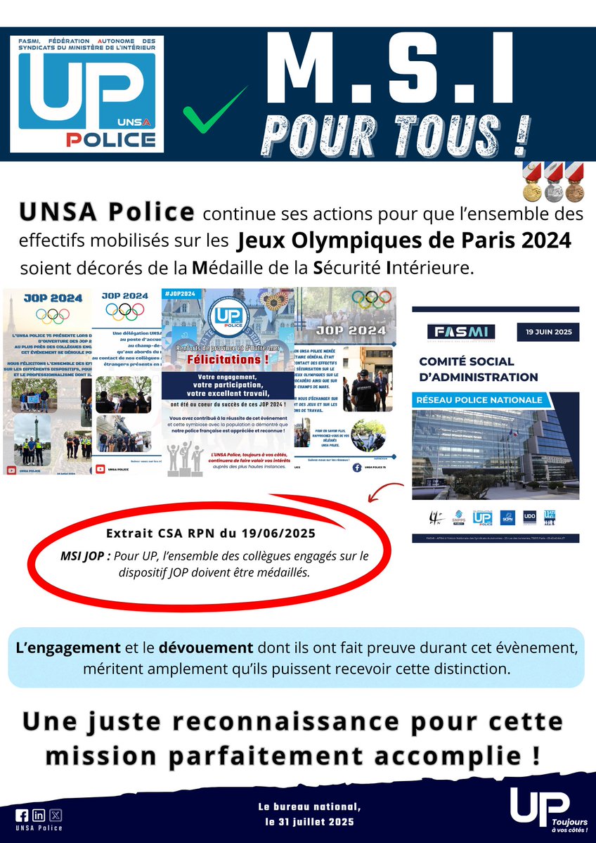 MSI JOP 2024 : NOTRE REVENDICATION EST CLAIRE !

💬 UNSA Police lors du CSA du 19 juin : "La Médaille de la Sécurité Intérieure doit être attribuée à TOUS les effectifs engagés. Sans exception ! 💯"

L'engagement et le dévouement durant cet événement historique ont été