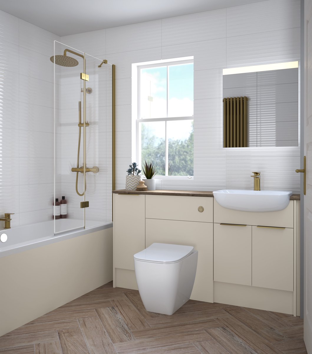Qube's new Sandy Ecru is a sophisticated and soothing shade, teamed here with opulent brushed brass accessories for an elegant and perfectly fitted bathroom. 

With eight stunning finishes to choose from, design it your way here. 
utopiagroup.com/visualise/qube…