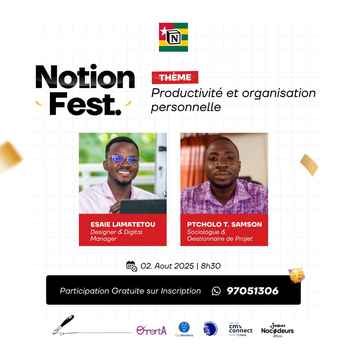 [Notion Fest.]
Notion est toujours assimilé à la productivité et à l’organisation personnelle.

Mais encore faut-il savoir comment en tirer le meilleur.

📅 Le 02 août à 08h30, on parle de la  “#Productivité &amp; #Organisation #personnelle”. 
#NotionFest #NotionTogo