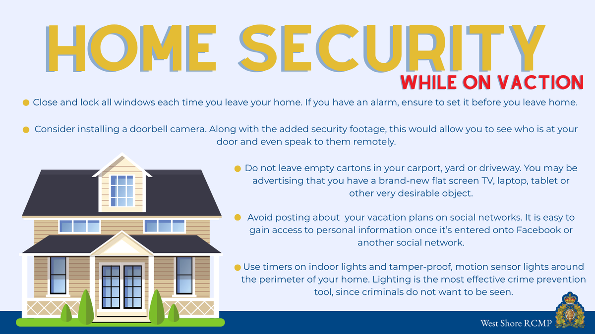 Heading out for the long weekend? 🌞🚘
Before you hit the road, here are a few tips you can use to help keep your home safe. 

Safe travels from West Shore RCMP!