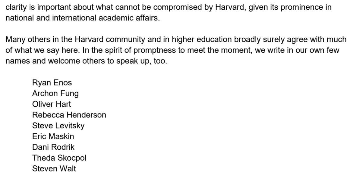 Wow. A group of top scholars at <a href="/Harvard/">Harvard University</a> just sent a letter to its president, Alan Garber, warning against surrendering to Trump.

Signatories include Steven Levitsky, Dani Rodrik, Ryan Enos, Theda Skocpol, and Steven Walt.

Someone forwarded it to me. Read it here: