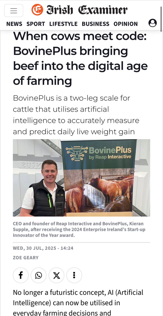WiSAR Lab & Technology Gateway (@wirelessiot) on Twitter photo Congrats to Kieran Supple & <a href="/ReapInteractive/">Reap Interactive</a> for making headlines in the Irish Examiner with BovinePlus, a smart AI-driven livestock management tool reshaping farming.
Full article: irishexaminer.com/farming/arid-4…
Project case study: data2sustain.ie/case-study/ai-… Congrats to Kieran Supple & <a href="/ReapInteractive/">Reap Interactive</a> for making headlines in the Irish Examiner with BovinePlus, a smart AI-driven livestock management tool reshaping farming.
Full article: irishexaminer.com/farming/arid-4…
Project case study: data2sustain.ie/case-study/ai-…