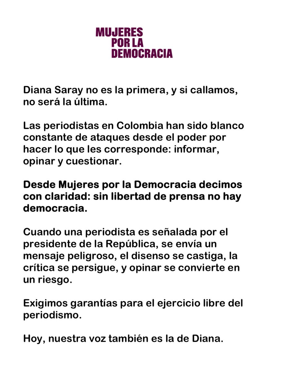 Diana Saray no es la primera, y si callamos, no será la última. Las periodistas no están solas. Desde @MujeresDemocracia decimos con claridad: sin libertad de prensa no hay democracia. #ConDiana #LibertadDePrensa